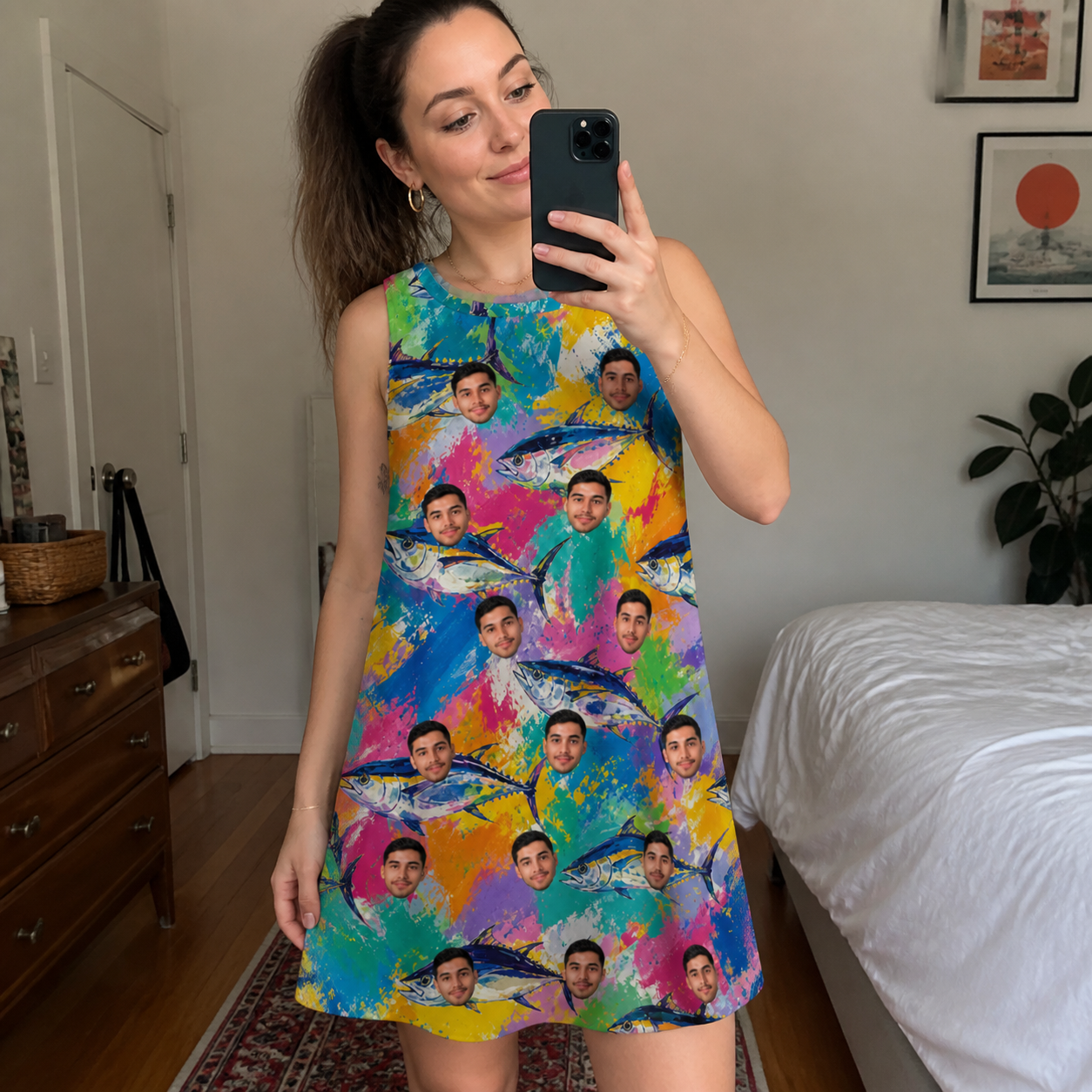 Real-life photo of someone wearing Women's Sushi Safari Custom Face Tank Dress — custom faces printed all-over