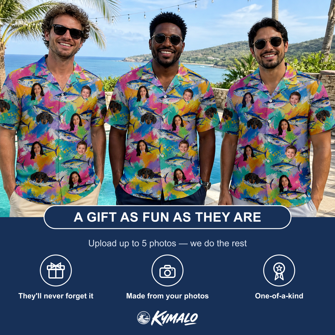 Friends in matching Men's Sushi Safari Custom Face Hawaiian Shirt — a group gift photo