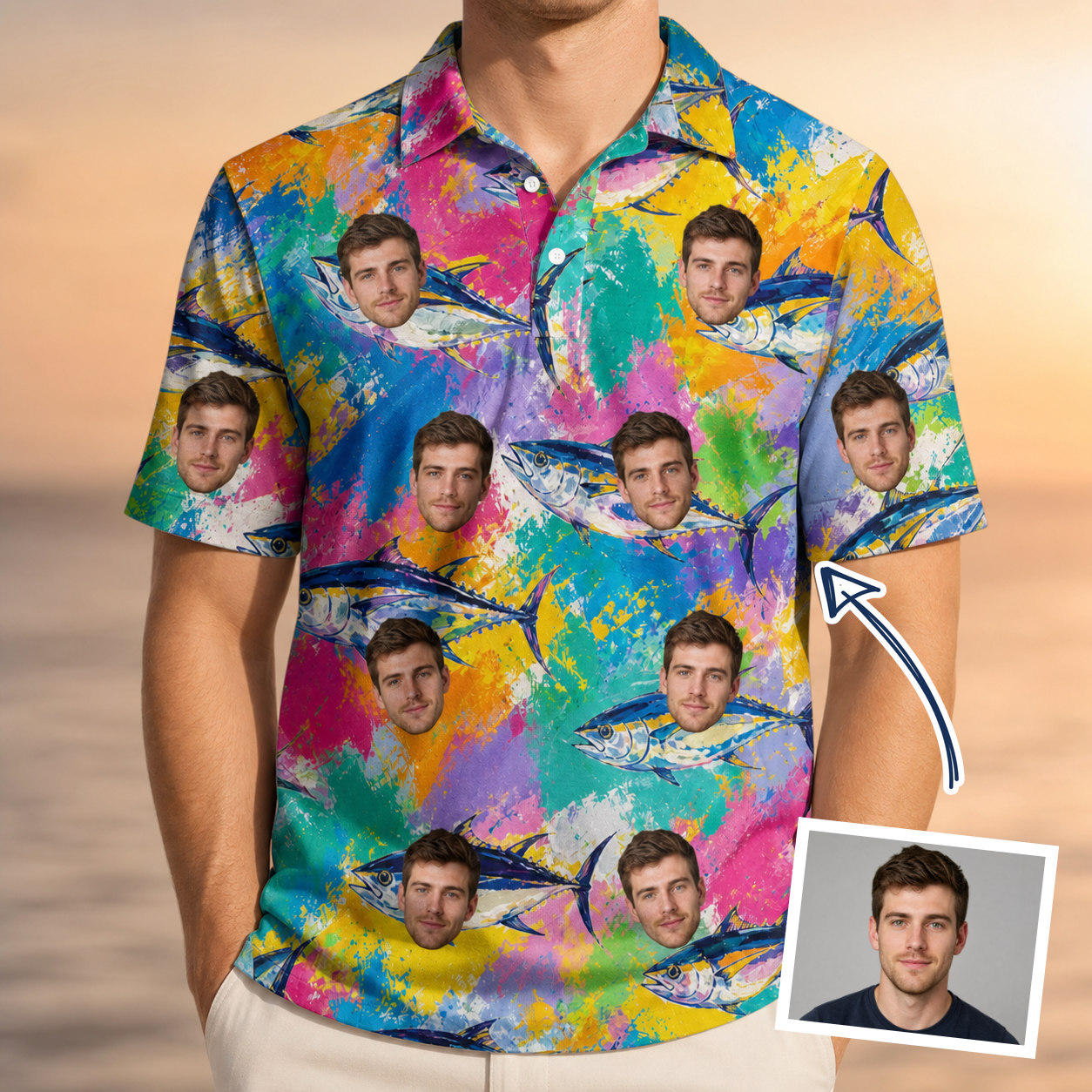 Man wearing Men's Sushi Safari Custom Face Polo Shirt — custom faces printed all-over