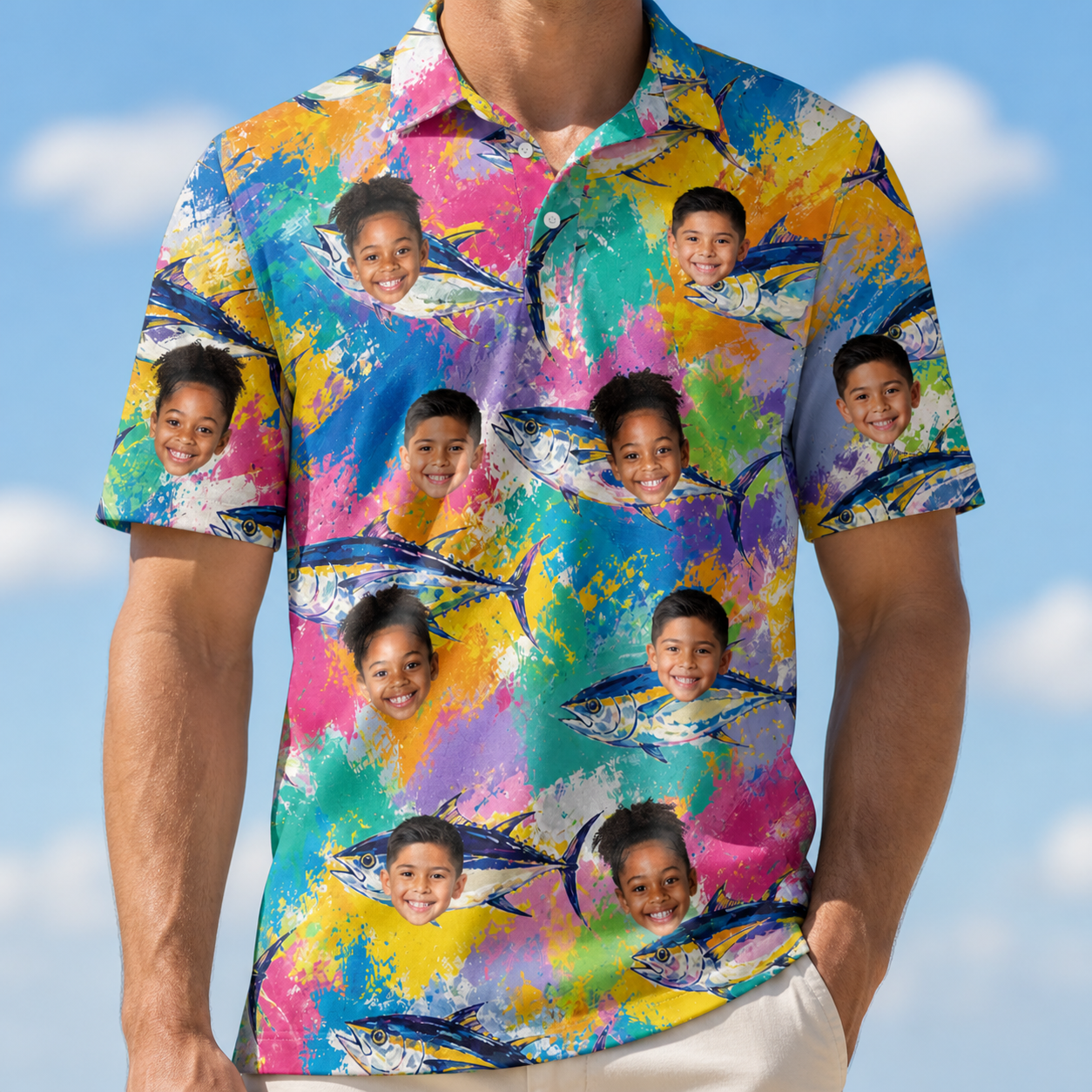 Model wearing Men's Sushi Safari Custom Face Polo Shirt printed with kids' faces