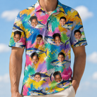 Model wearing Men's Sushi Safari Custom Face Polo Shirt printed with kids' faces