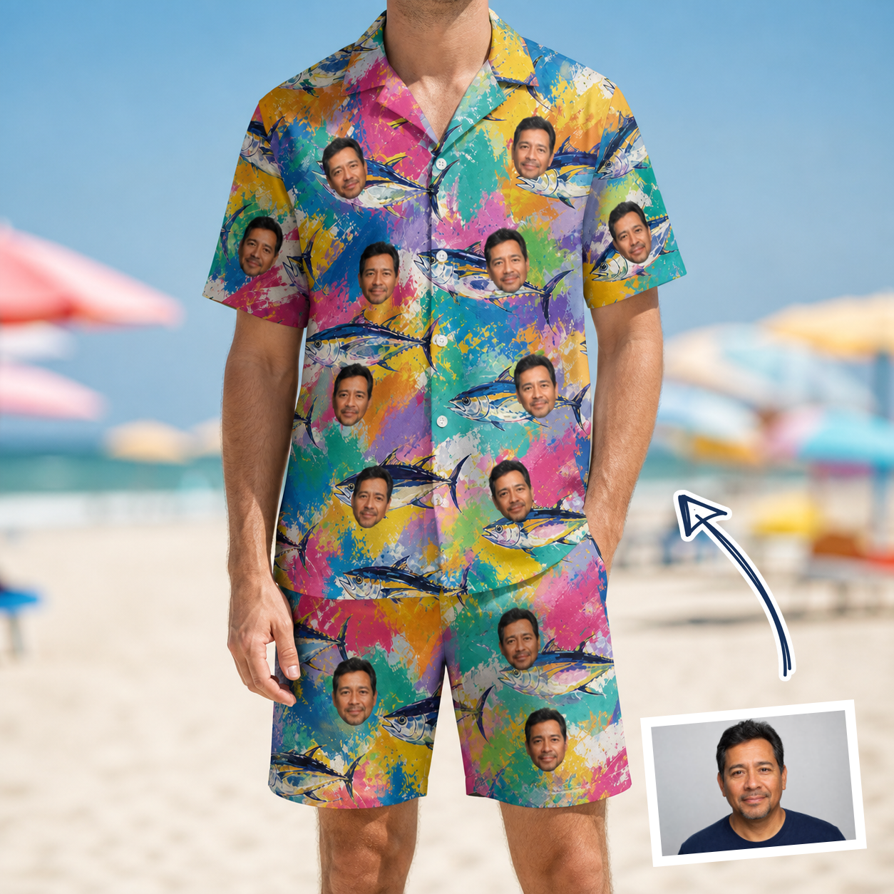 Man wearing Men's Sushi Safari Custom Face Shirt & Shorts Set — custom faces printed all-over