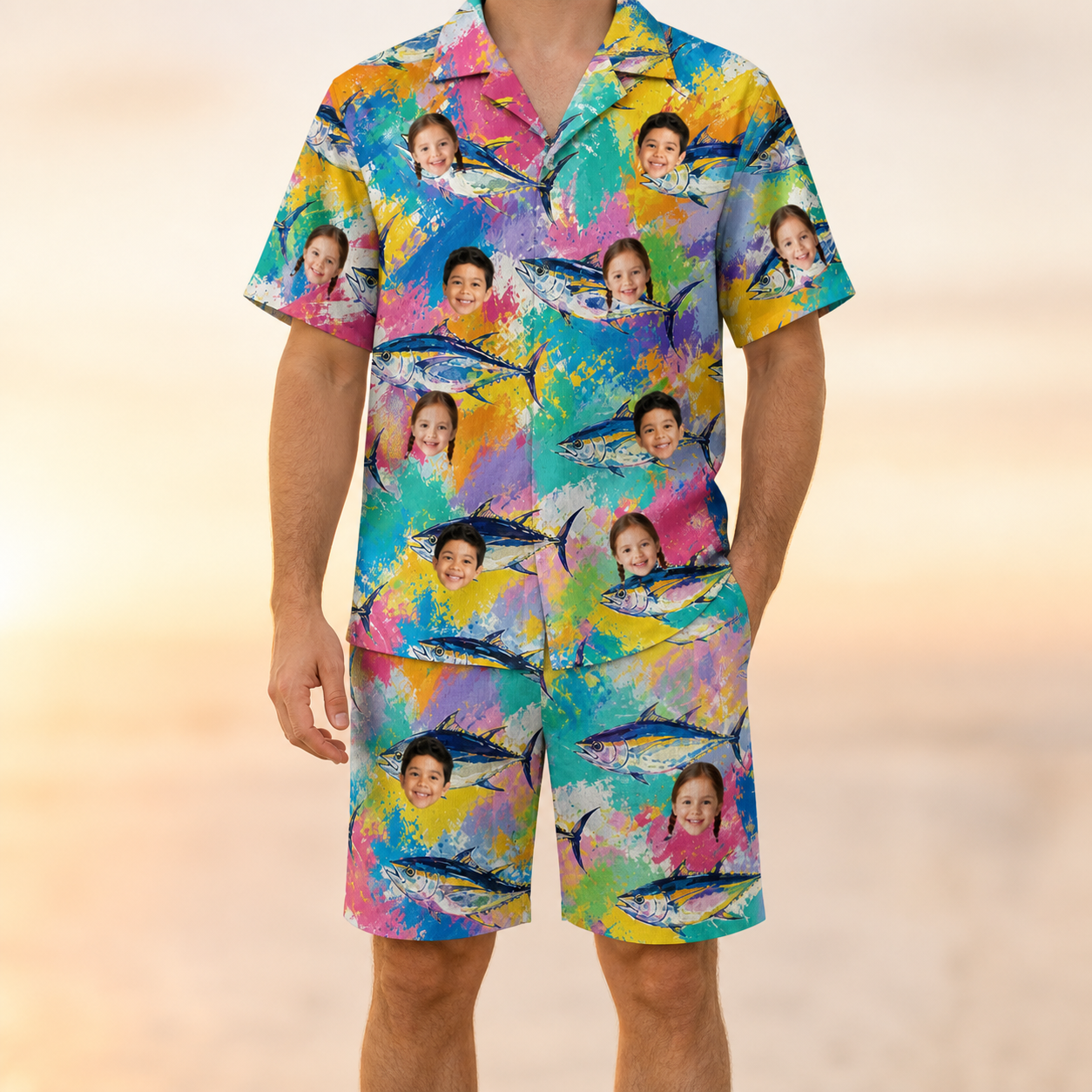 Model wearing Men's Sushi Safari Custom Face Shirt & Shorts Set printed with kids' faces