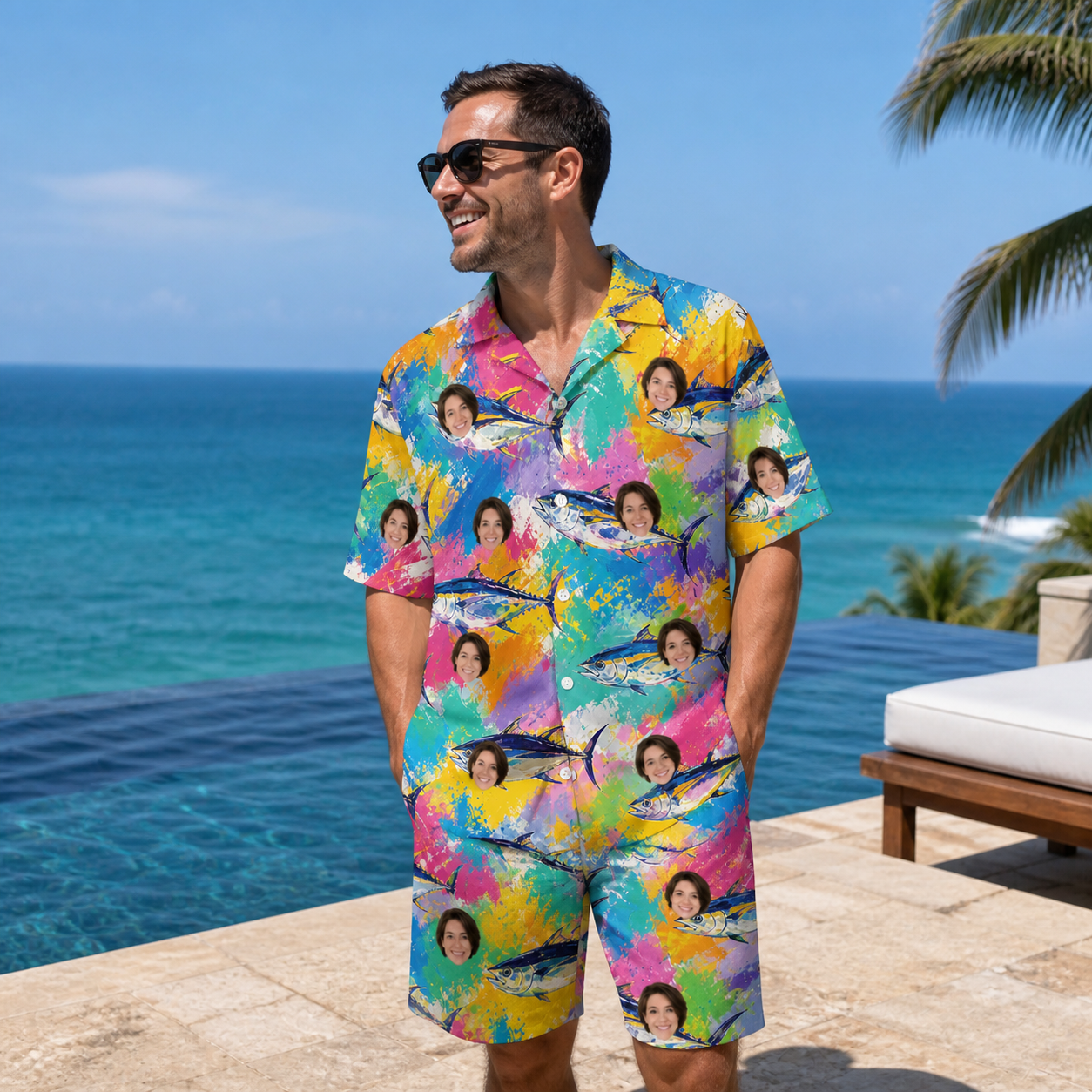 Real-life photo of someone wearing Men's Sushi Safari Custom Face Shirt & Shorts Set — custom faces printed all-over