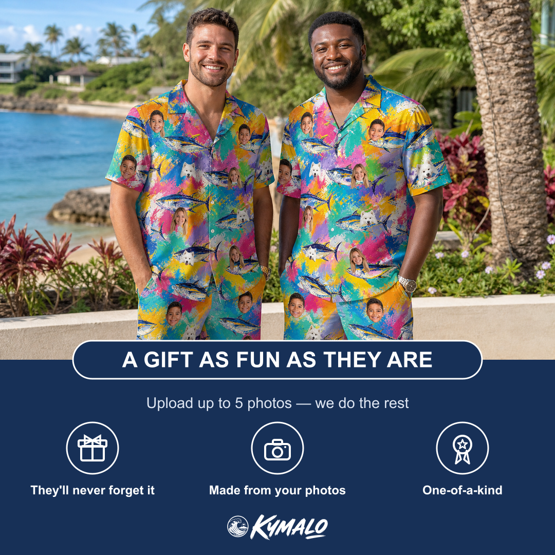 Friends in matching Men's Sushi Safari Custom Face Shirt & Shorts Set — a group gift photo