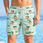 Model wearing Men's Hole Hilarity Custom Face Beach Shorts printed with kids' faces