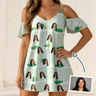 Woman wearing Women's Hole Hilarity Custom Face Off-Shoulder Dress — custom faces printed all-over