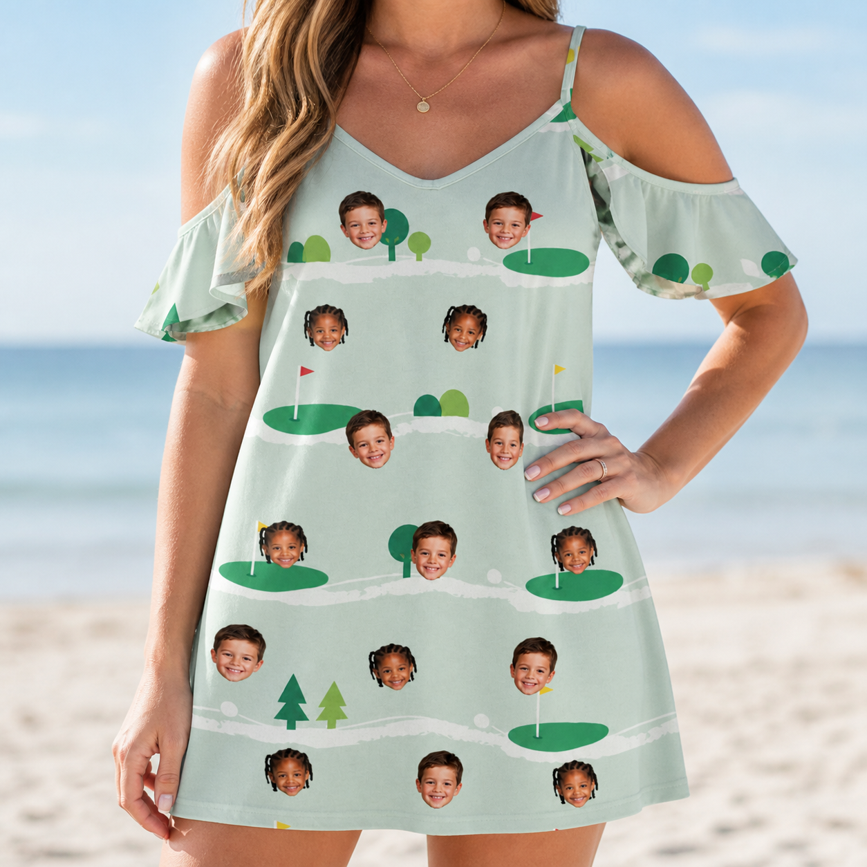 Model wearing Women's Hole Hilarity Custom Face Off-Shoulder Dress printed with kids' faces