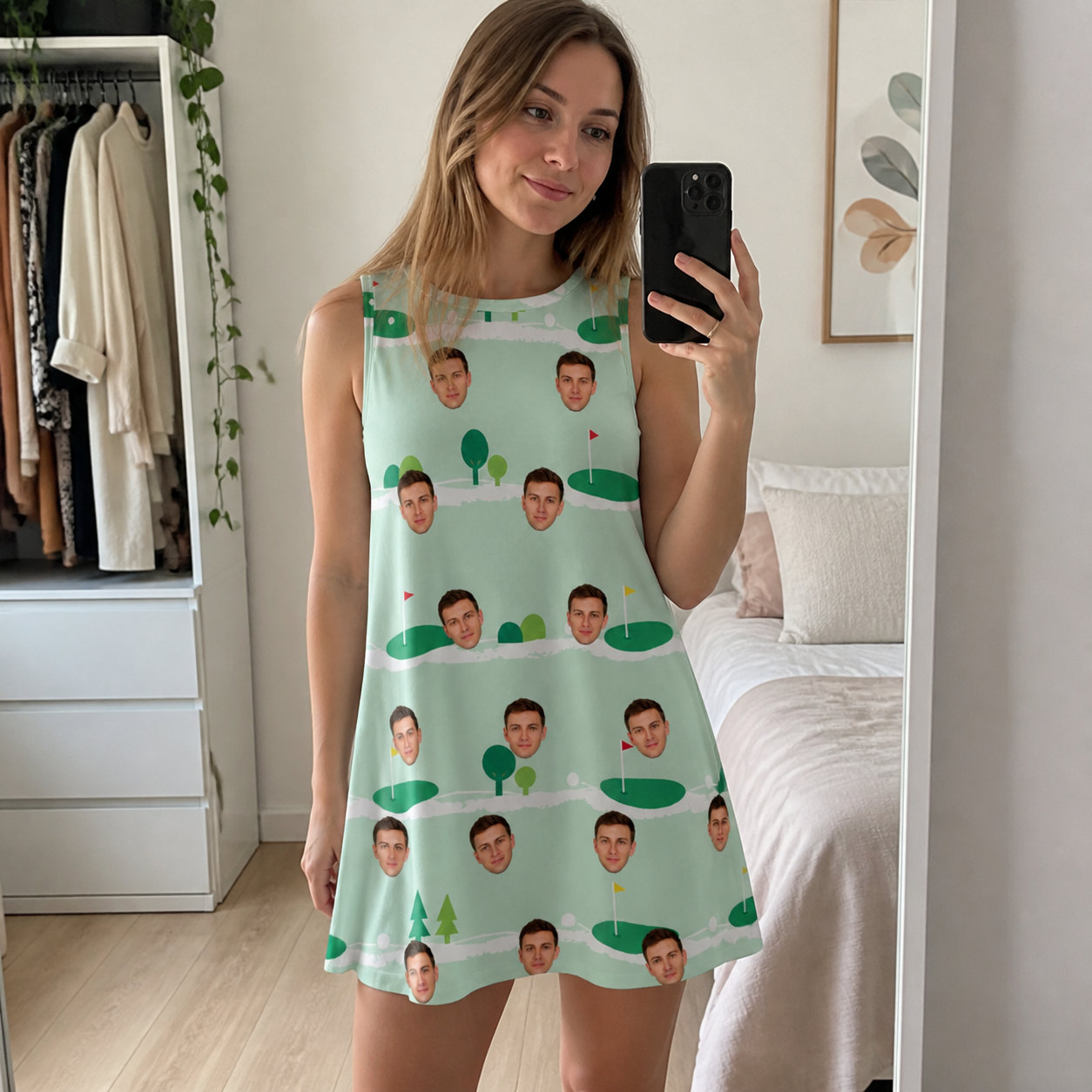 Real-life photo of someone wearing Women's Hole Hilarity Custom Face Tank Dress — custom faces printed all-over