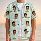 Man wearing Men's Hole Hilarity Custom Face Hawaiian Shirt open over a white tee