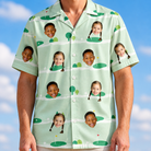 Model wearing Men's Hole Hilarity Custom Face Hawaiian Shirt printed with kids' faces