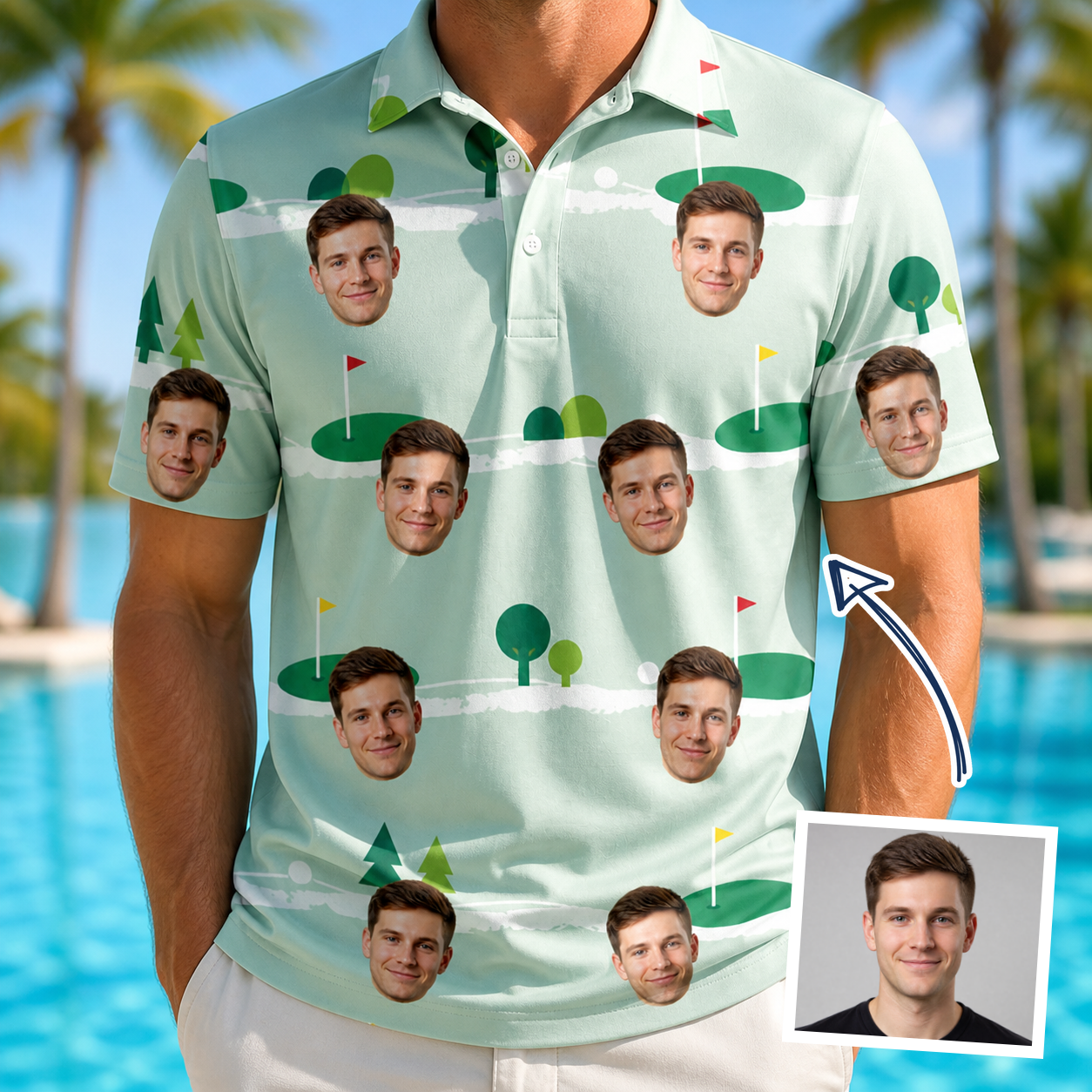 Man wearing Men's Hole Hilarity Custom Face Polo Shirt — custom faces printed all-over