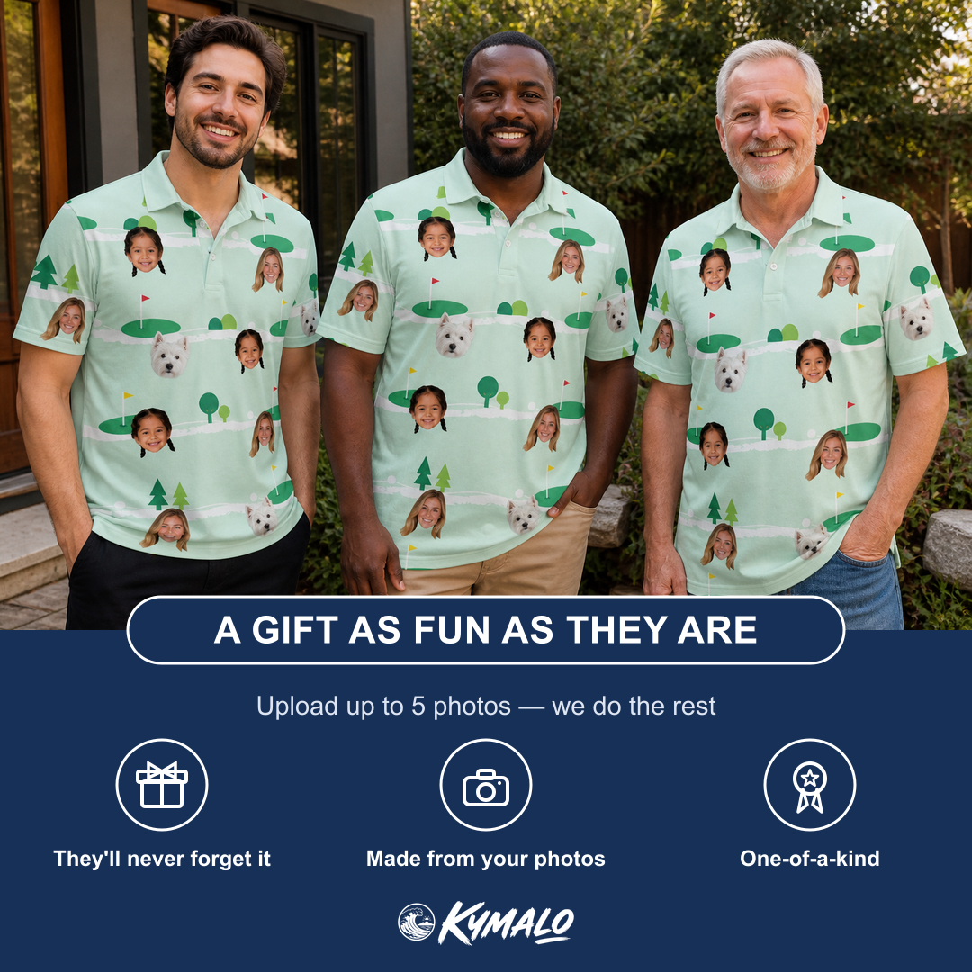Friends in matching Men's Hole Hilarity Custom Face Polo Shirt — a group gift photo