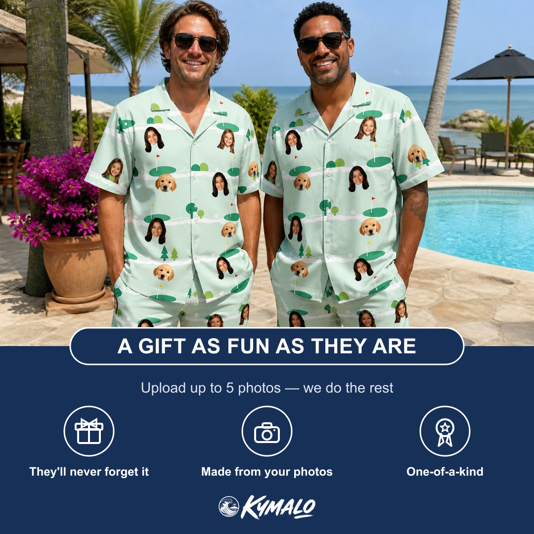Friends in matching Men's Hole Hilarity Custom Face Shirt & Shorts Set — a group gift photo