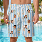Model wearing Men's Green Glory Custom Face Beach Shorts printed with kids' faces