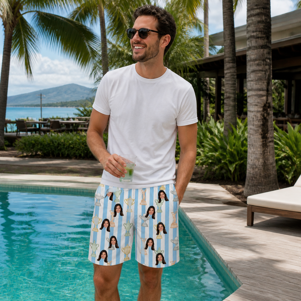 Real-life photo of someone wearing Men's Green Glory Custom Face Beach Shorts — custom faces printed all-over