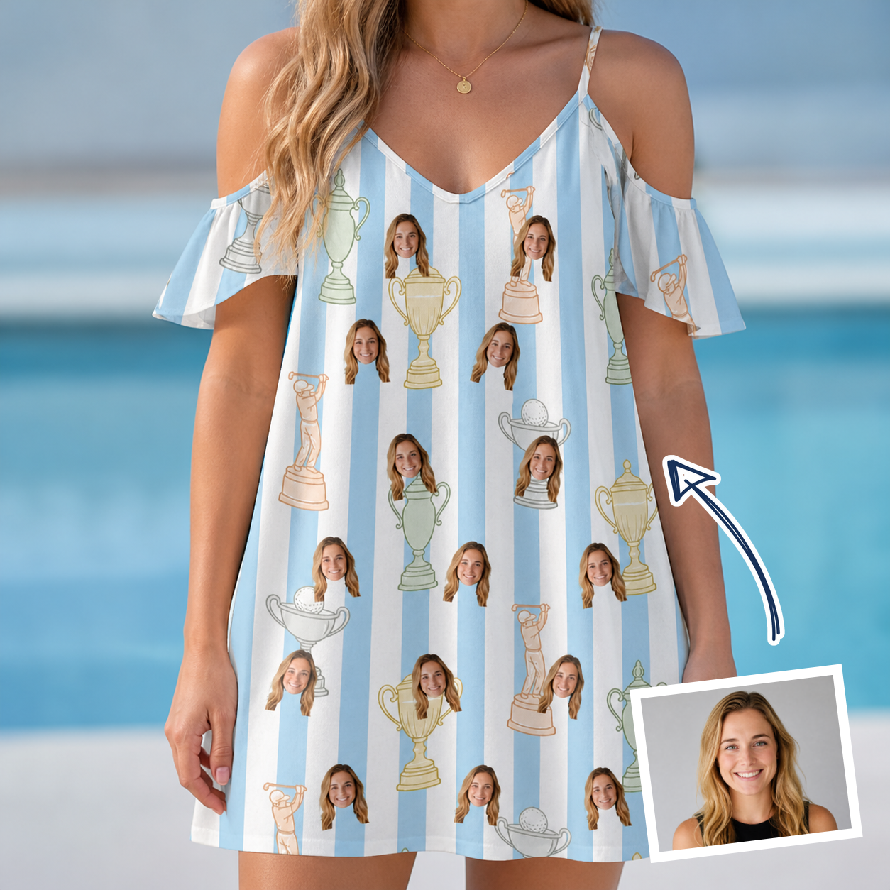 Woman wearing Women's Green Glory Custom Face Off-Shoulder Dress — custom faces printed all-over