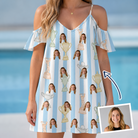 Woman wearing Women's Green Glory Custom Face Off-Shoulder Dress — custom faces printed all-over