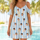 Model wearing Women's Green Glory Custom Face Off-Shoulder Dress printed with kids' faces