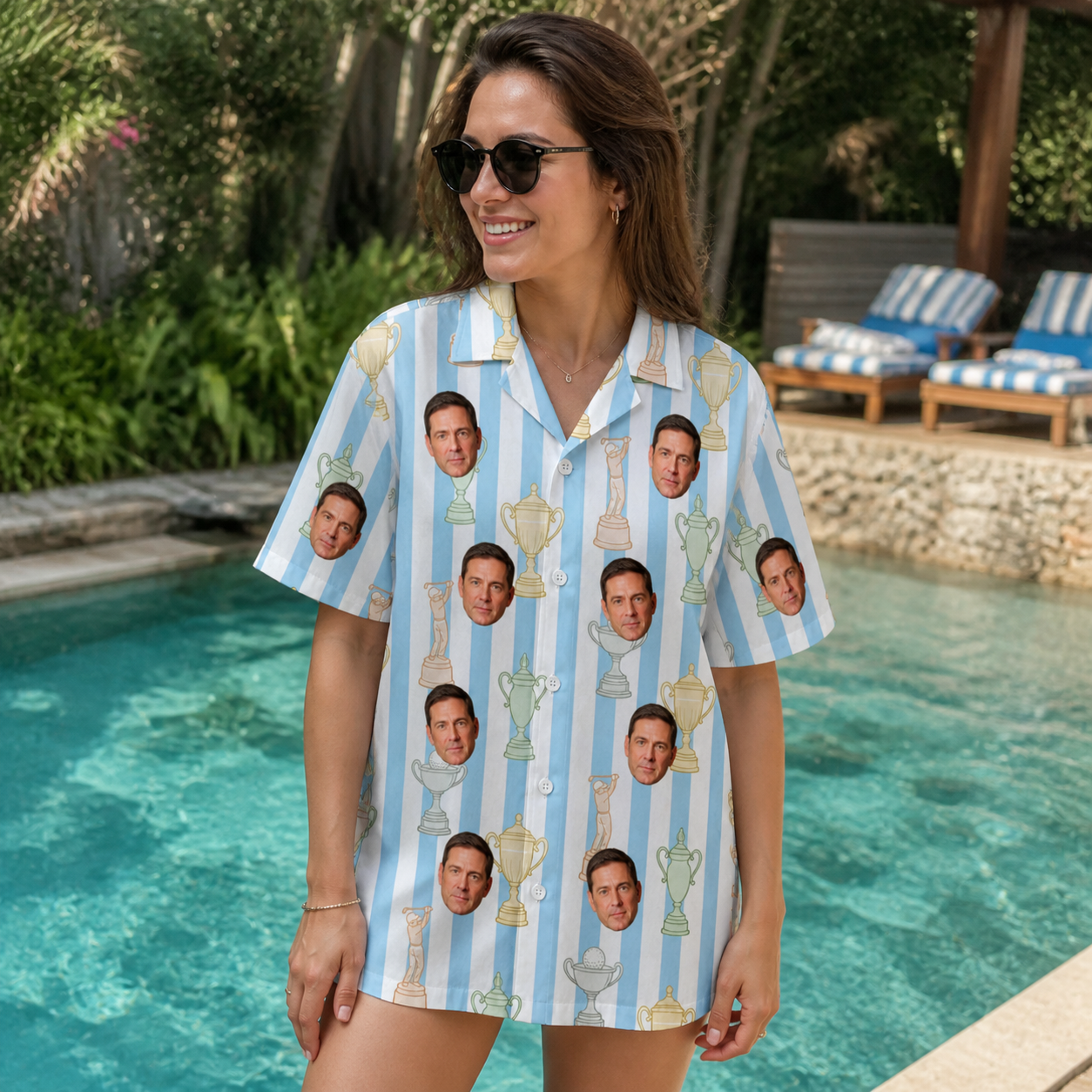 Real-life photo of someone wearing Women's Green Glory Custom Face Hawaiian Shirt — custom faces printed all-over