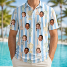 Model wearing Men's Green Glory Custom Face Polo Shirt printed with kids' faces