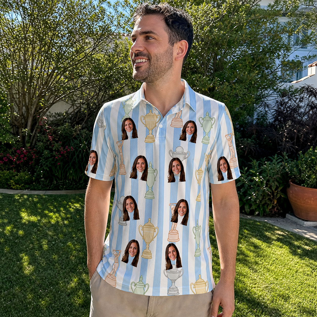 Real-life photo of someone wearing Men's Green Glory Custom Face Polo Shirt — custom faces printed all-over