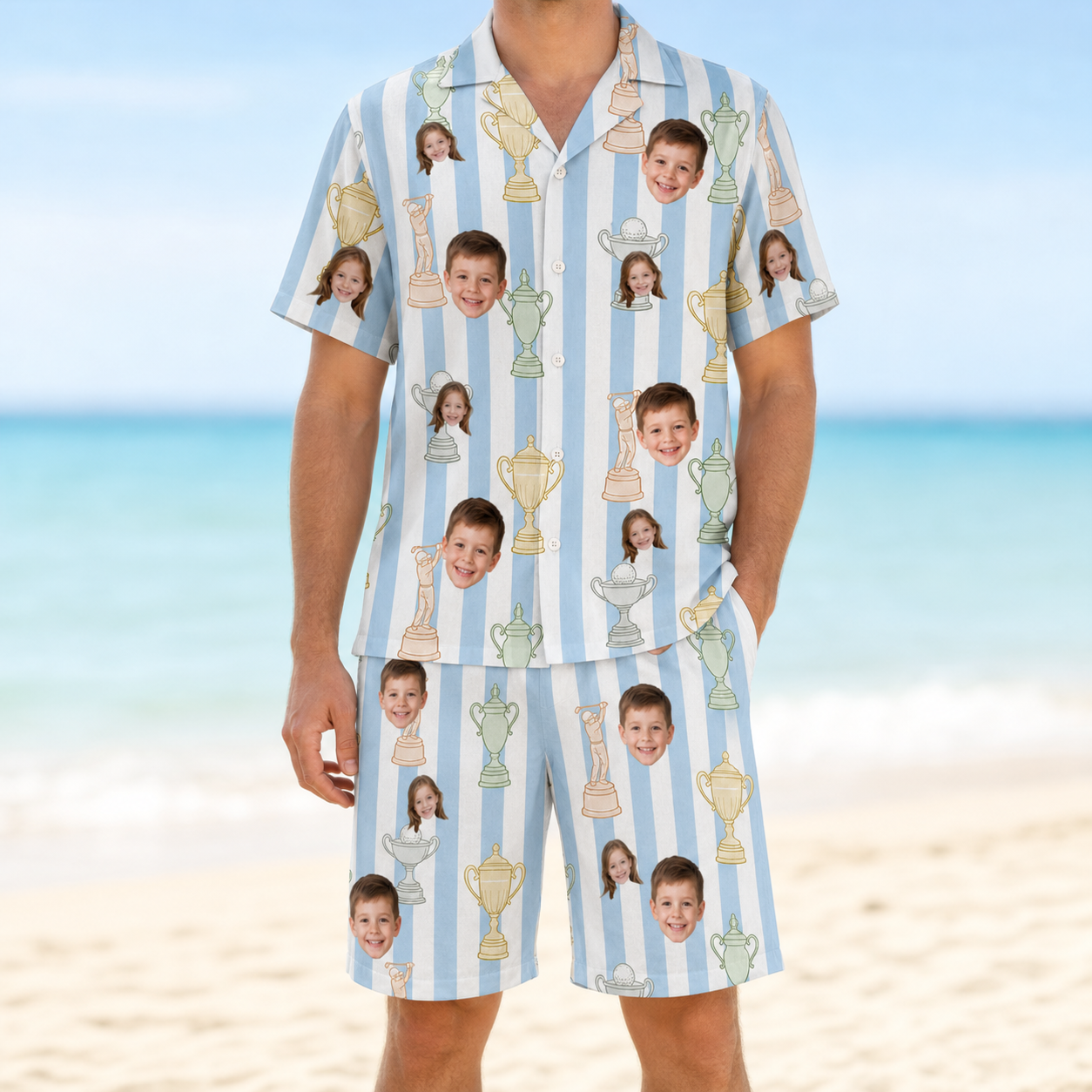 Model wearing Men's Green Glory Custom Face Shirt & Shorts Set printed with kids' faces