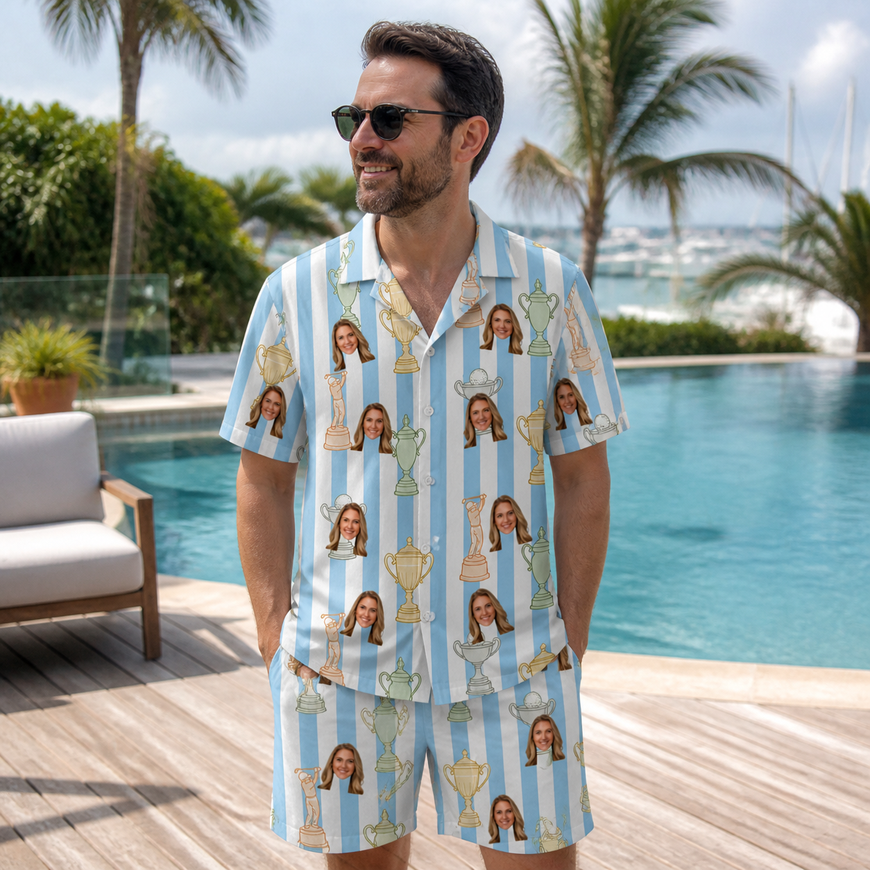 Real-life photo of someone wearing Men's Green Glory Custom Face Shirt & Shorts Set — custom faces printed all-over