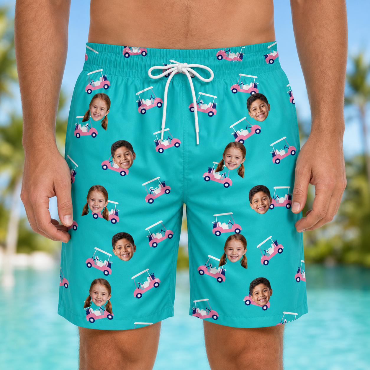 Model wearing Men's Cartel Classics Custom Face Beach Shorts printed with kids' faces