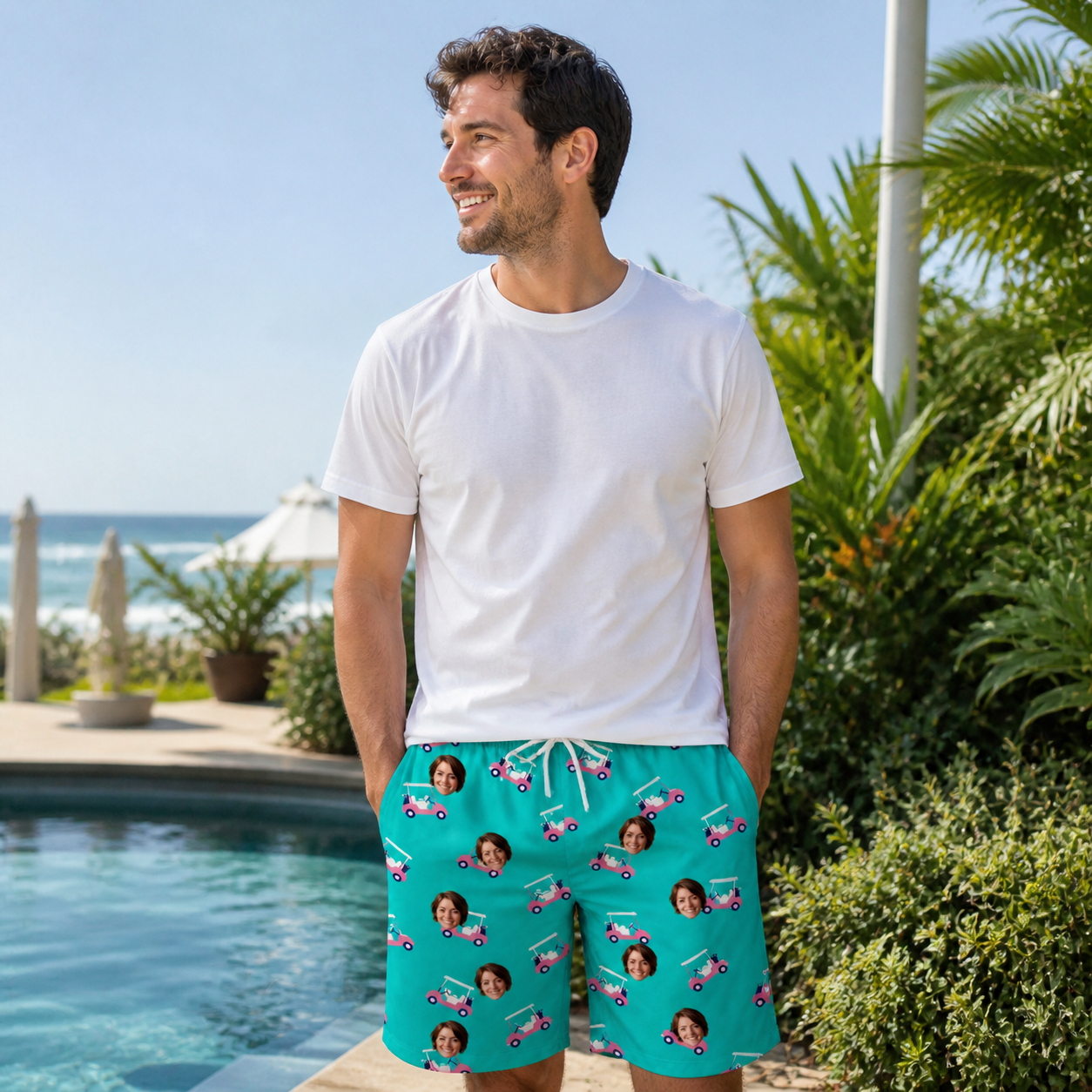 Real-life photo of someone wearing Men's Cartel Classics Custom Face Beach Shorts — custom faces printed all-over