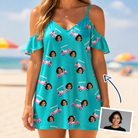 Woman wearing Women's Cartel Classics Custom Face Off-Shoulder Dress — custom faces printed all-over