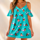 Model wearing Women's Cartel Classics Custom Face Off-Shoulder Dress printed with kids' faces