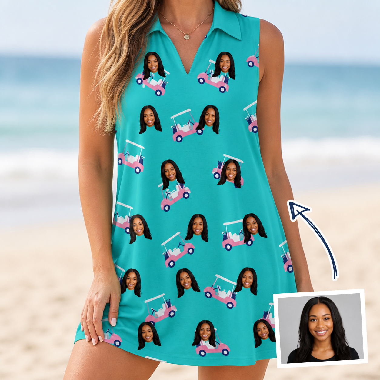 Woman wearing Women's Cartel Classics Custom Face V-Neck Dress — custom faces printed all-over