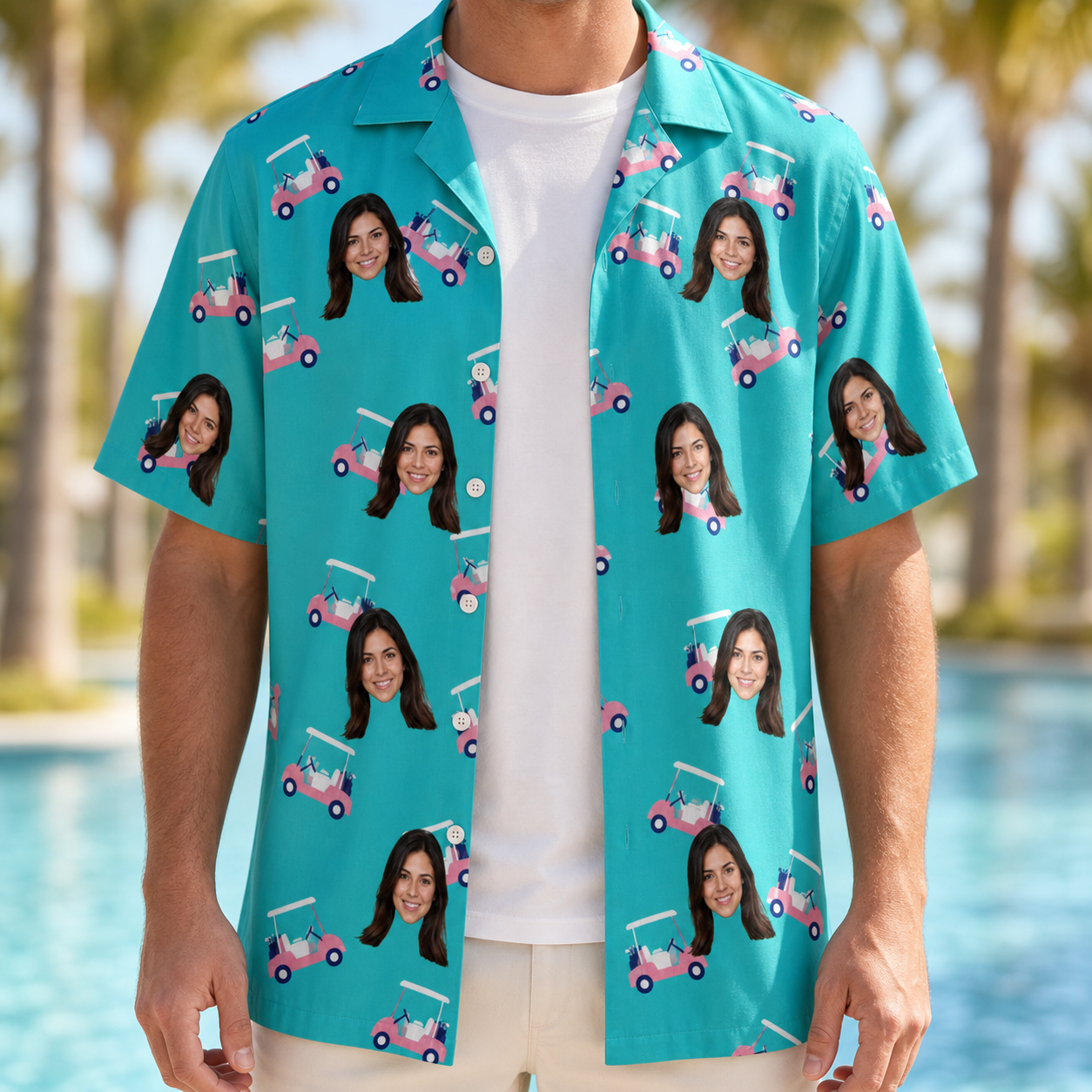 Man wearing Men's Cartel Classics Custom Face Hawaiian Shirt open over a white tee