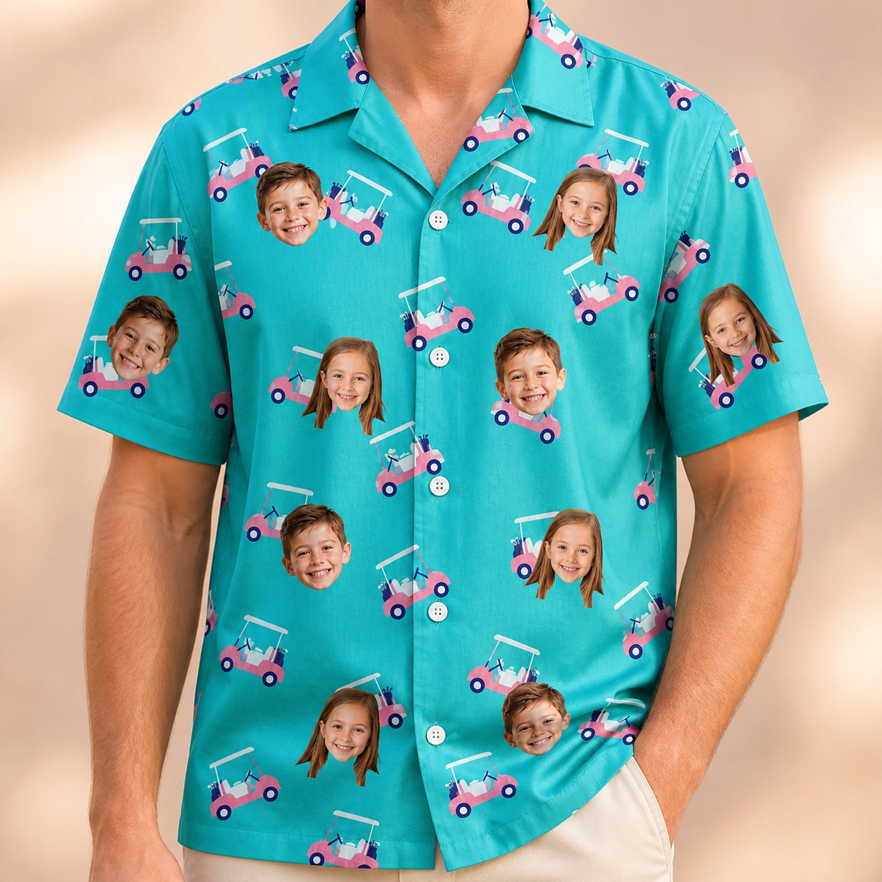 Model wearing Men's Cartel Classics Custom Face Hawaiian Shirt printed with kids' faces