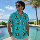 Real-life photo of someone wearing Men's Cartel Classics Custom Face Hawaiian Shirt — custom faces printed all-over