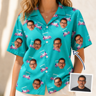 Woman wearing Women's Cartel Classics Custom Face Hawaiian Shirt — custom faces printed all-over
