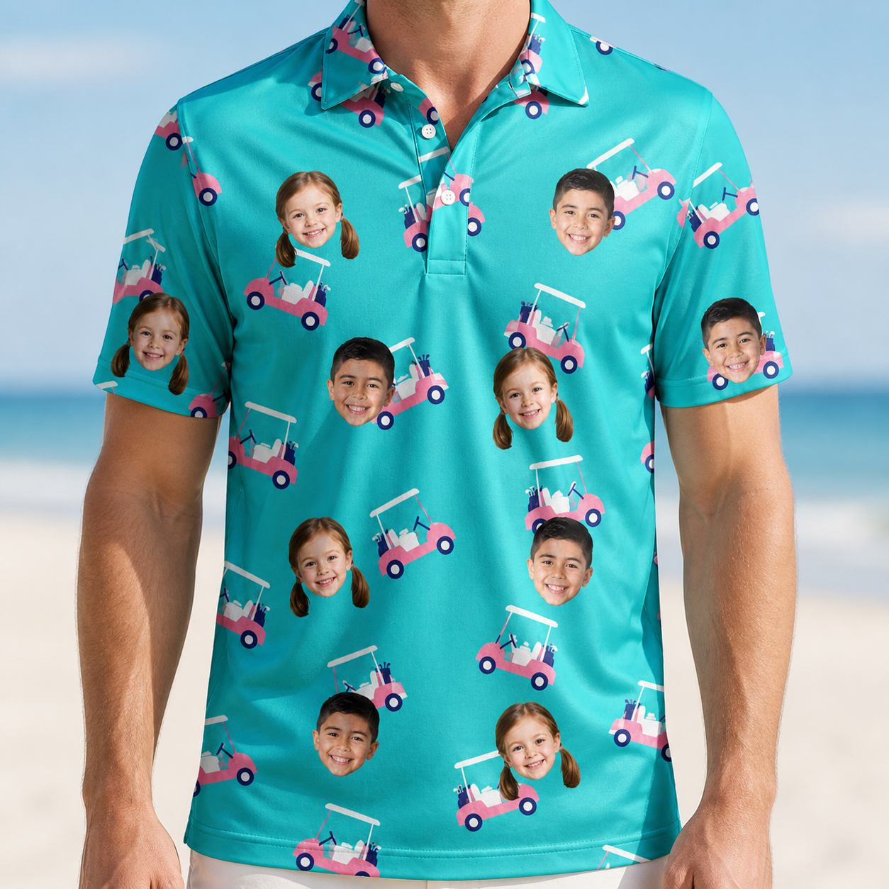 Model wearing Men's Cartel Classics Custom Face Polo Shirt printed with kids' faces
