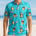 Model wearing Men's Cartel Classics Custom Face Polo Shirt printed with kids' faces