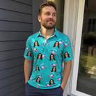 Real-life photo of someone wearing Men's Cartel Classics Custom Face Polo Shirt — custom faces printed all-over