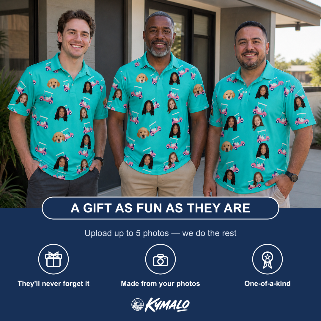 Friends in matching Men's Cartel Classics Custom Face Polo Shirt — a group gift photo