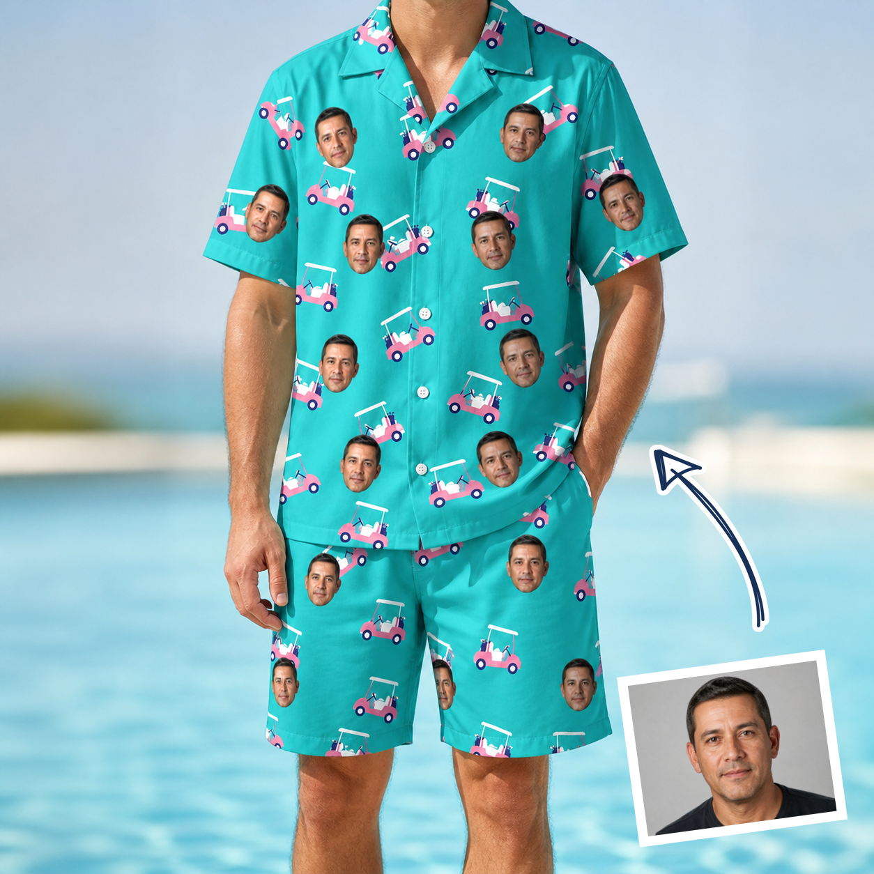Man wearing Men's Cartel Classics Custom Face Shirt & Shorts Set — custom faces printed all-over