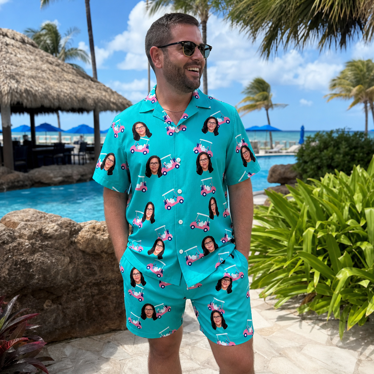 Real-life photo of someone wearing Men's Cartel Classics Custom Face Shirt & Shorts Set — custom faces printed all-over