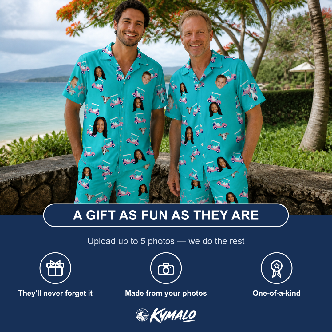 Friends in matching Men's Cartel Classics Custom Face Shirt & Shorts Set — a group gift photo