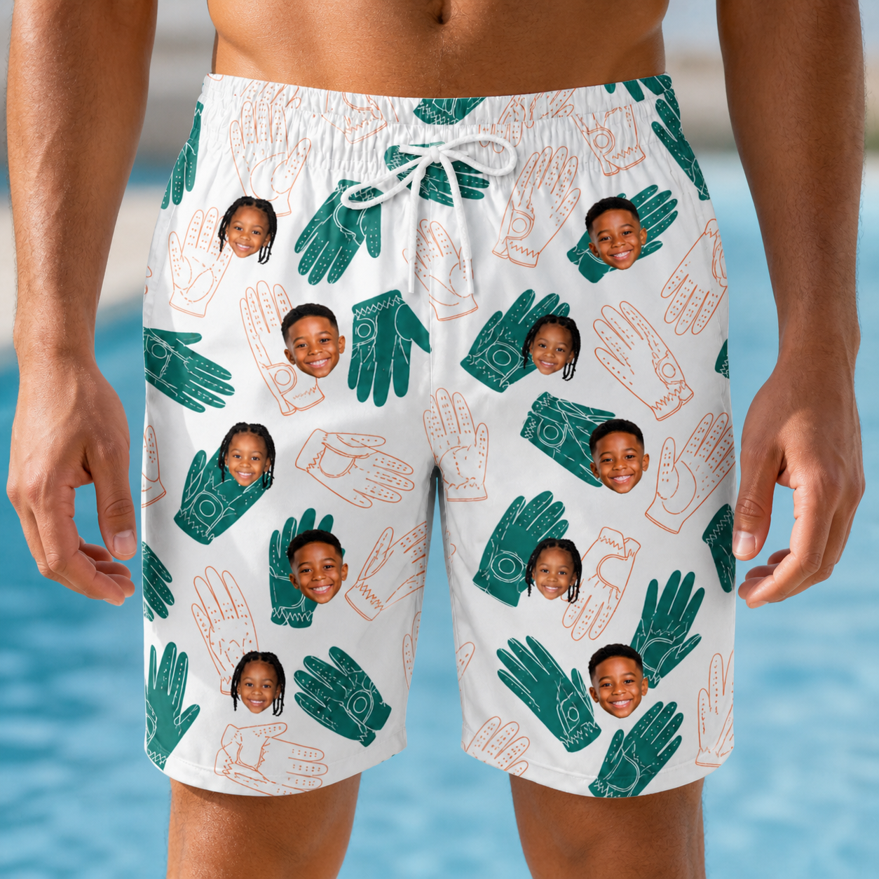 Model wearing Men's Handicap Hilarity Custom Face Beach Shorts printed with kids' faces