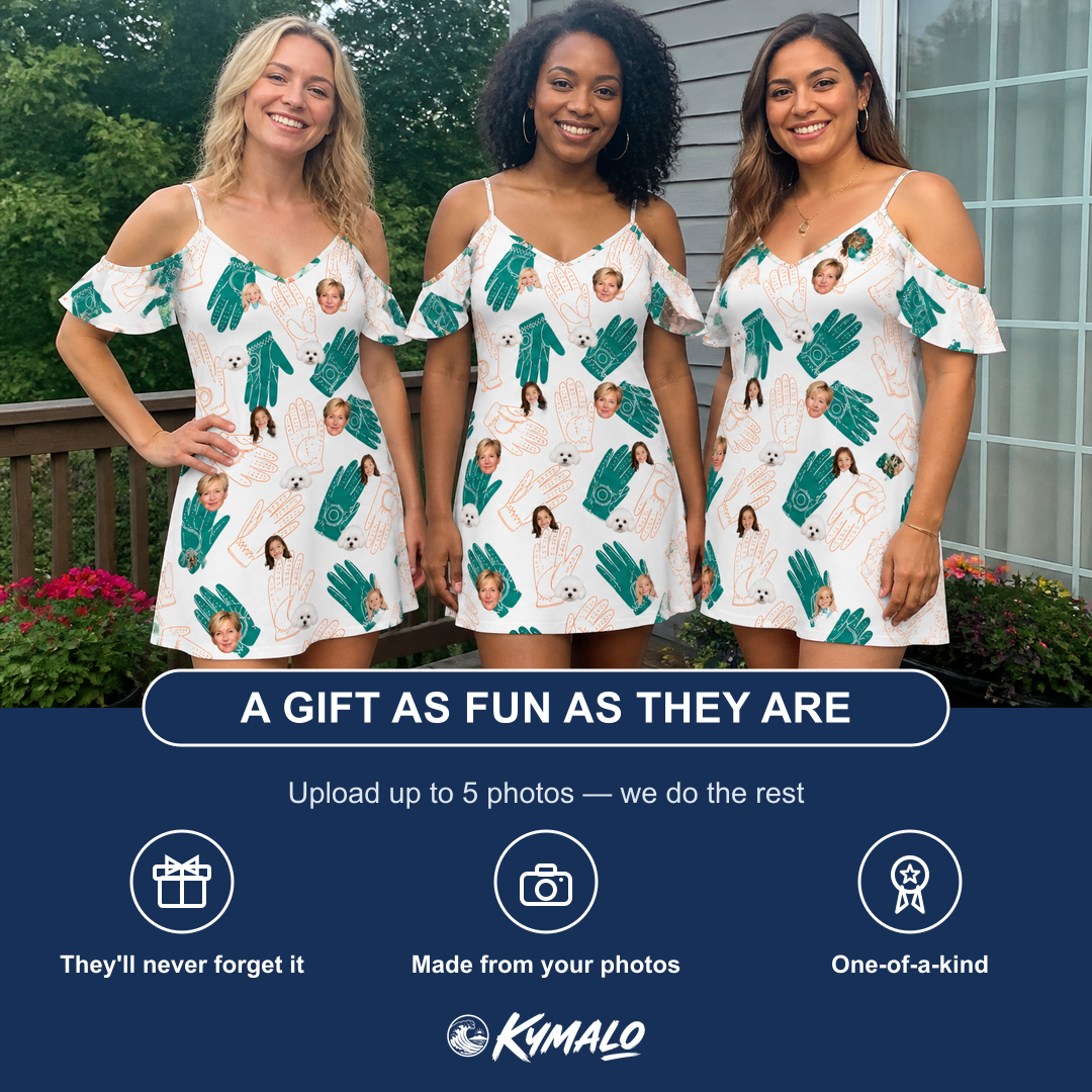 Friends in matching Women's Handicap Hilarity Custom Face Off-Shoulder Dress — a group gift photo
