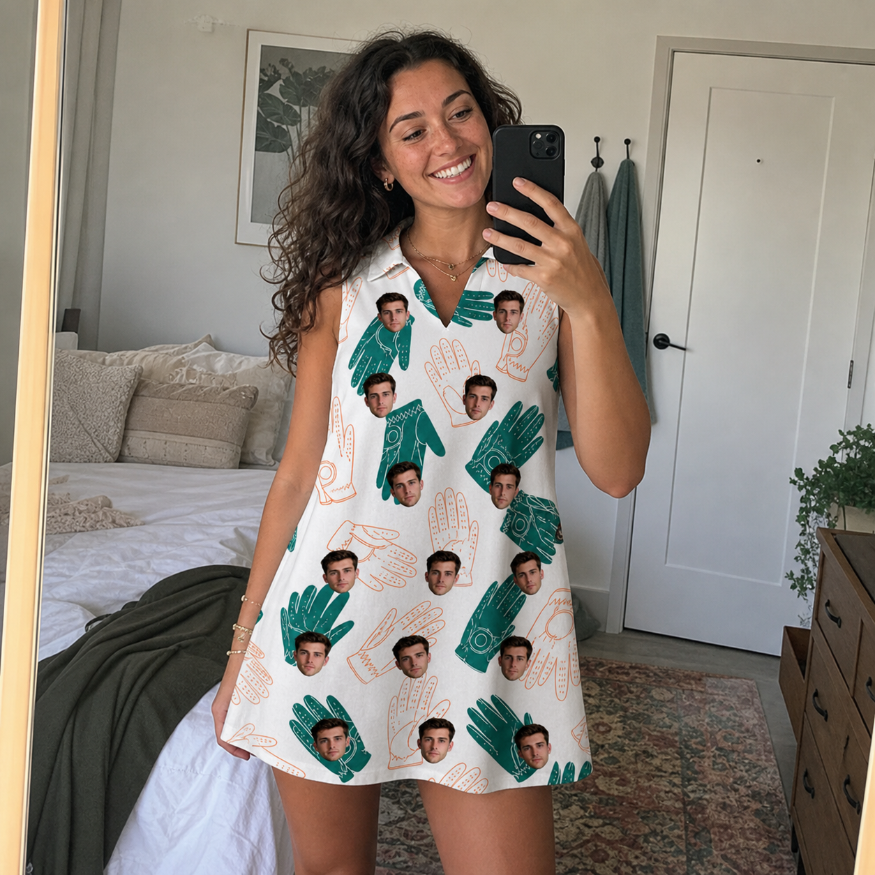 Real-life photo of someone wearing Women's Handicap Hilarity Custom Face V-Neck Dress — custom faces printed all-over