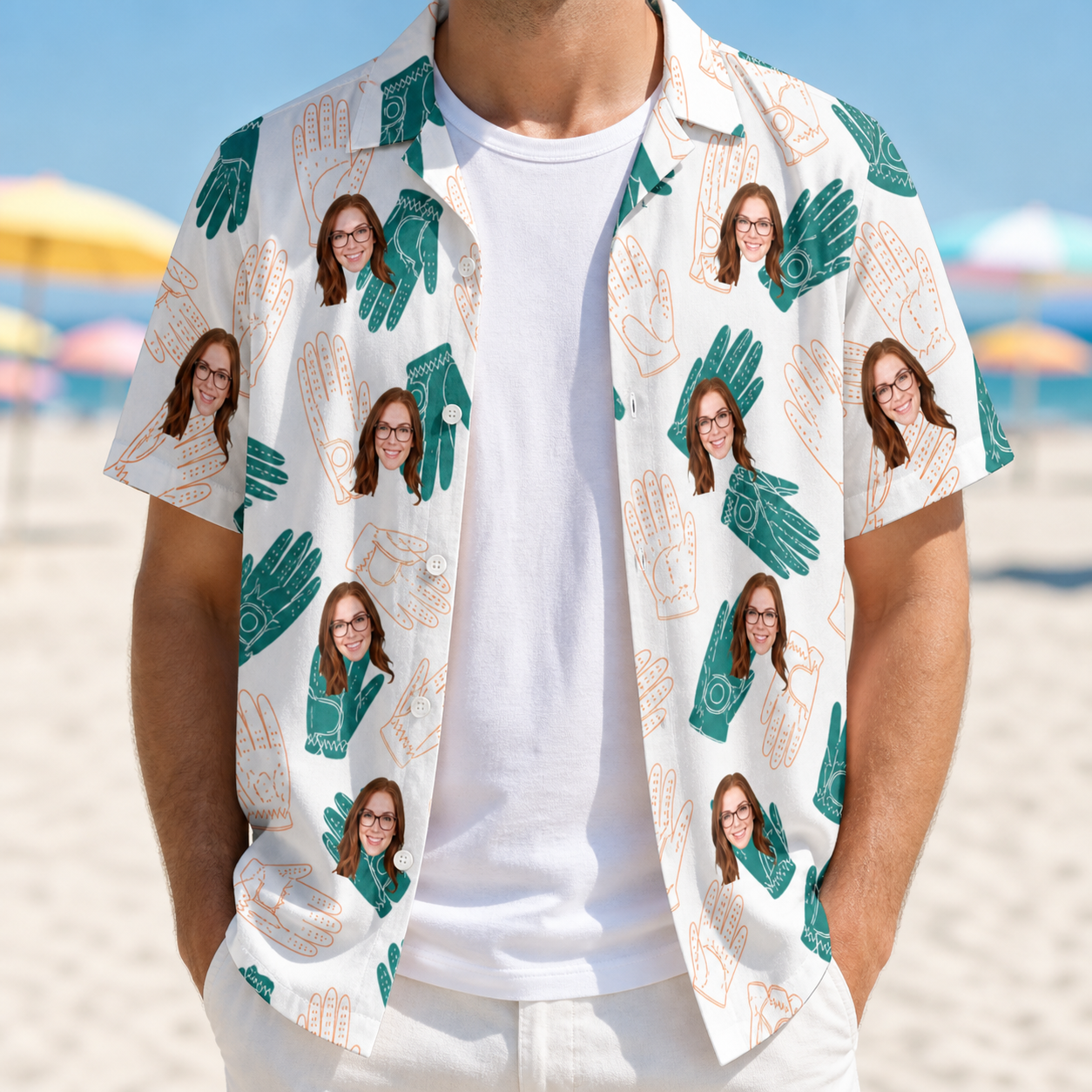 Man wearing Men's Handicap Hilarity Custom Face Hawaiian Shirt open over a white tee