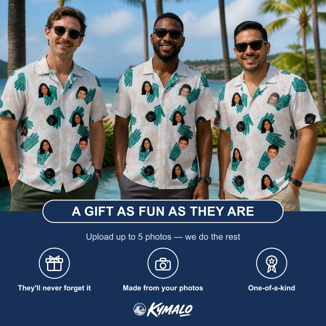 Friends in matching Men's Handicap Hilarity Custom Face Hawaiian Shirt — a group gift photo