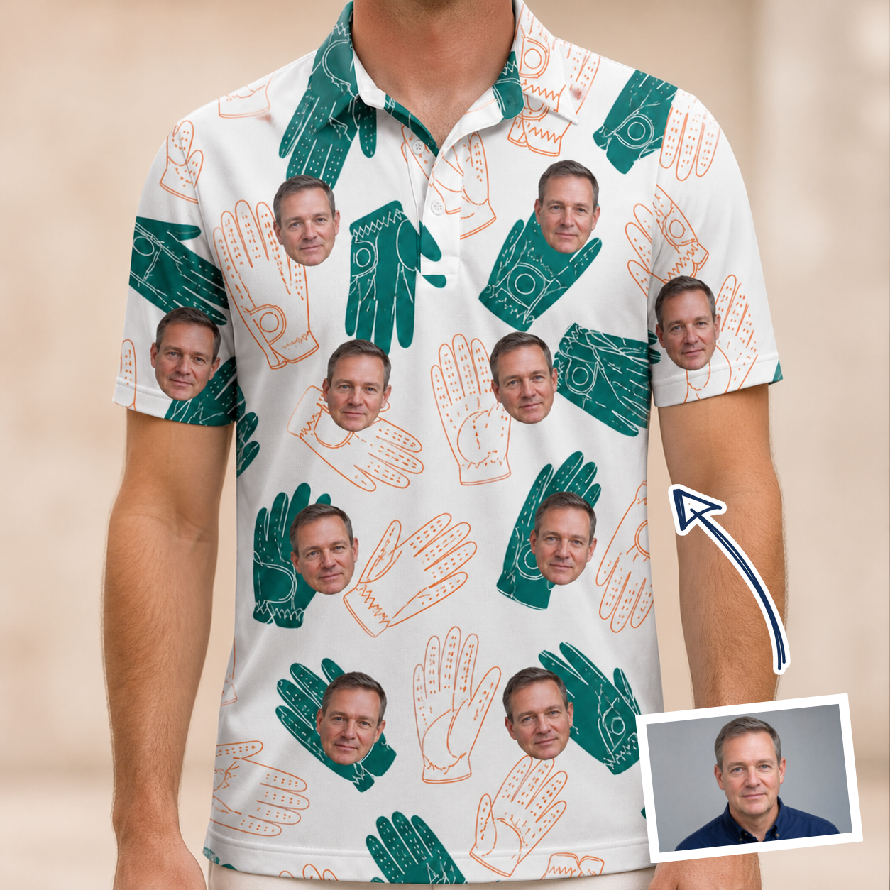 Man wearing Men's Handicap Hilarity Custom Face Polo Shirt — custom faces printed all-over